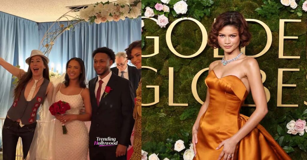 Actress Zendaya Surprises Couple by Crashing Wedding at Las Vegas Chapel Event while promoting her upcoming film The Drama. Actress Zendaya Surprises Couple by Crashing Wedding at Las Vegas Chapel Event while promoting her upcoming film The Drama.
